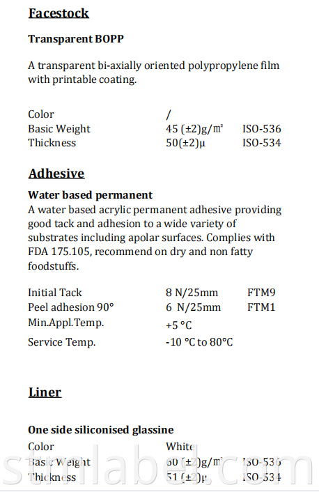 Transparent Bopp Tc Water Based Permanent White Glassine